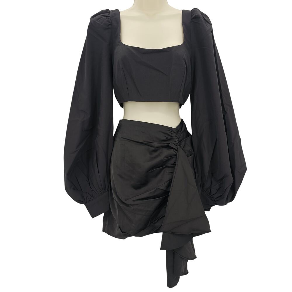 Naked Wardrobe Womans size S 2 Piece Set Puff Sleeve Blouse Mini Skirt Black NEW